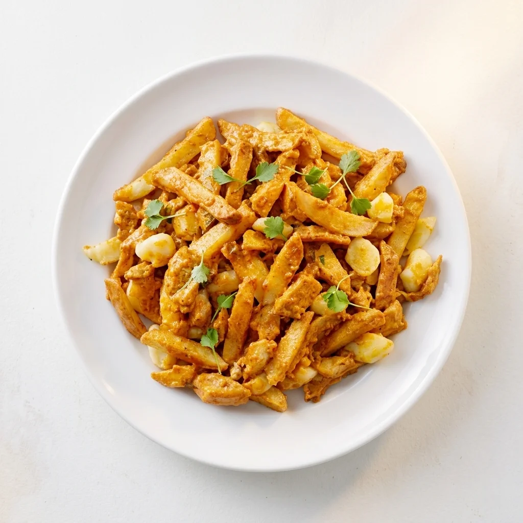 Butter Chicken Poutine at Banff Sizzlers, Banff Avenue — golden fries with creamy butter chicken sauce, fresh cilantro and squeaky cheese curds