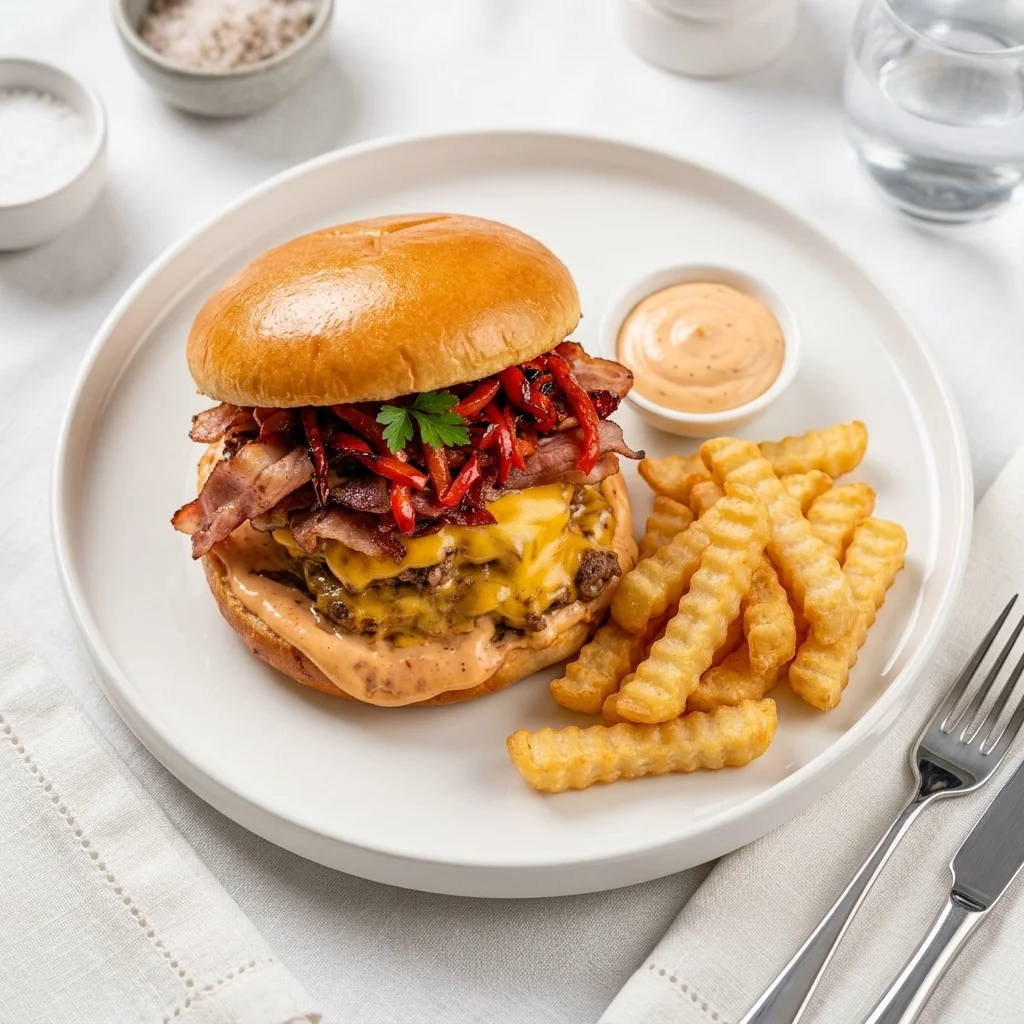 The House Burger at Banff Sizzlers Pub & Grill — juicy beef, melted cheese and fresh toppings on a toasted bun in Banff, AB